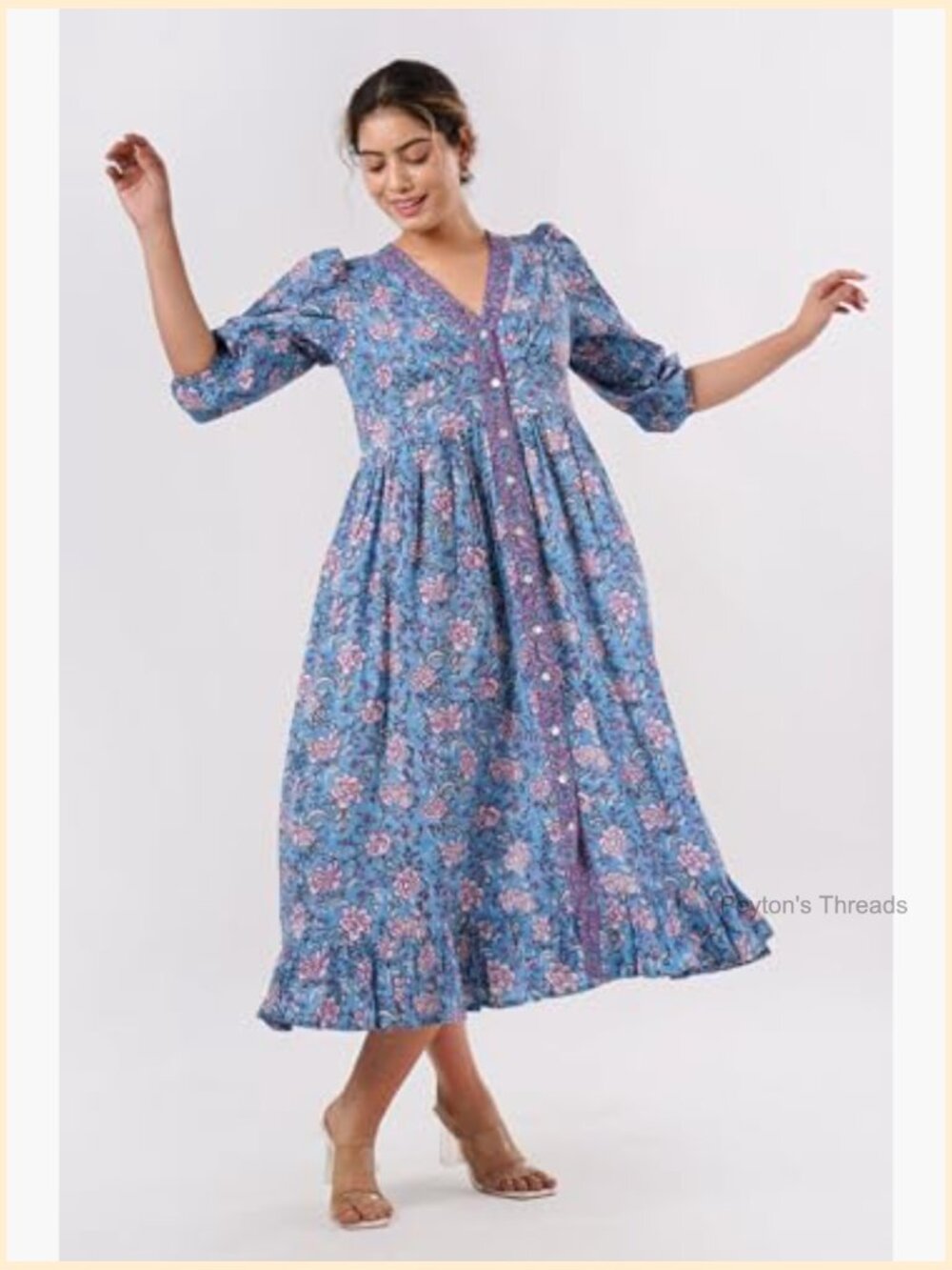 V-Neck Cotton Midi Dress with Pockets Handmade Boho Beach Dress - Picture 4 of 6